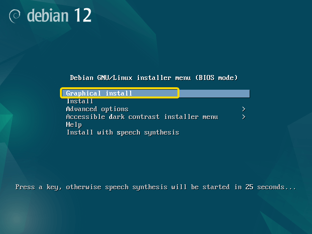 Choose graphical install using UP and DOWN arrow.