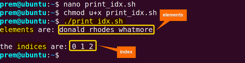 printing the indices of an indexed array