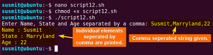 Each part separated by a comma of the string has been printed on the terminal.