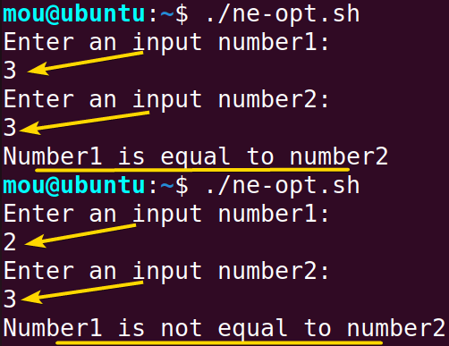 using not equal to sign option to compare numbers in bash