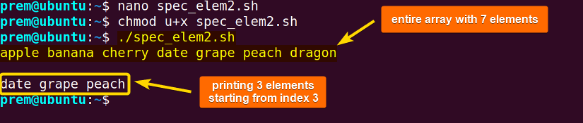 printing 3 elements from 7 elements of a bash array
