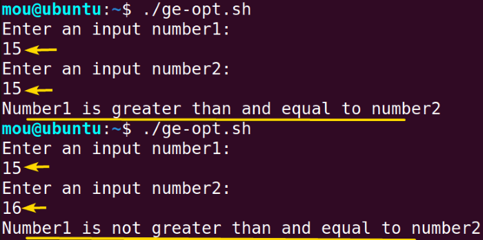 using greater than or equal to sign option to compare numbers in bash