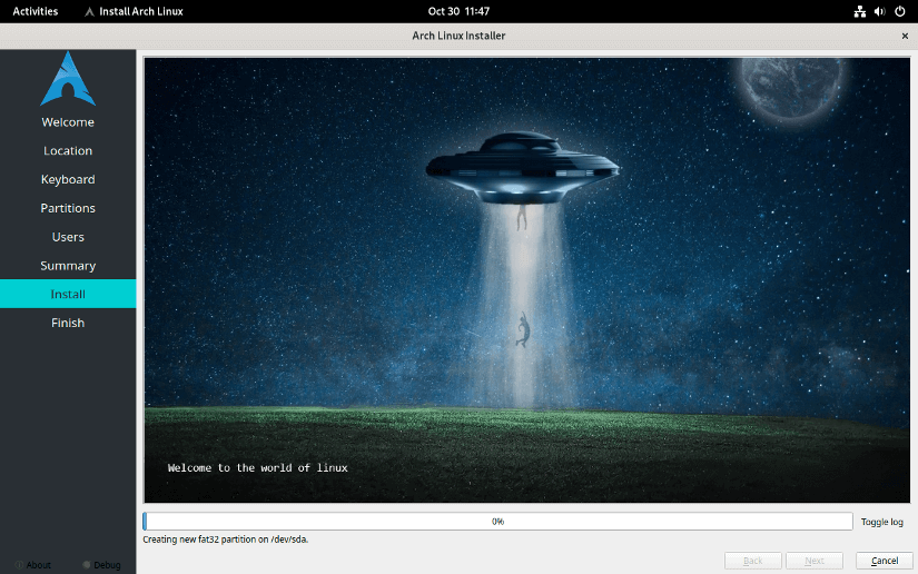 arch linux gnome gui installation going on