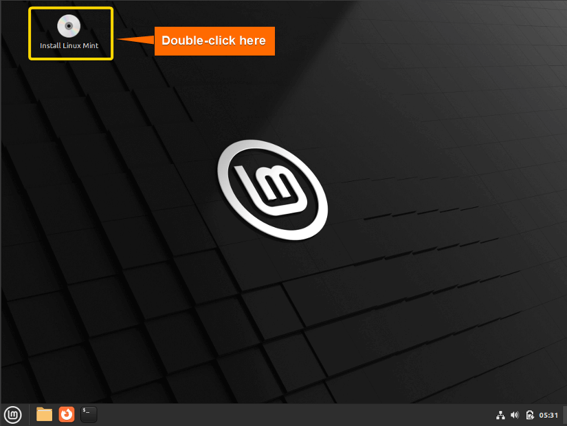 Double-clicking "Install Linux Mint" icon