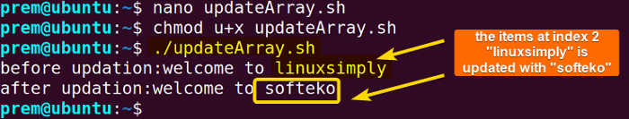 update indexed array element in Bash
