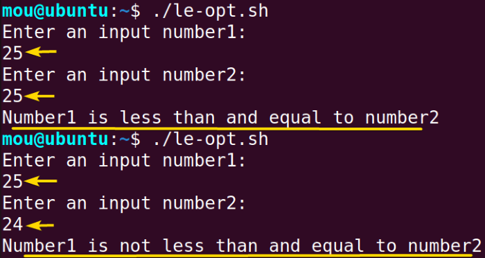 using less than and equal to sign option to compare numbers in bash