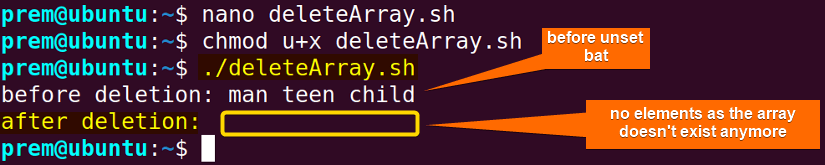 delete array elements using the unset command