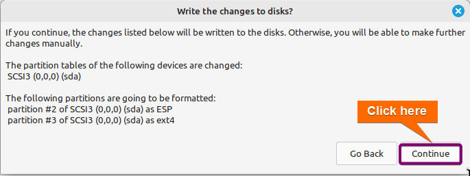 Clicking on Continue to confirm disk wirting