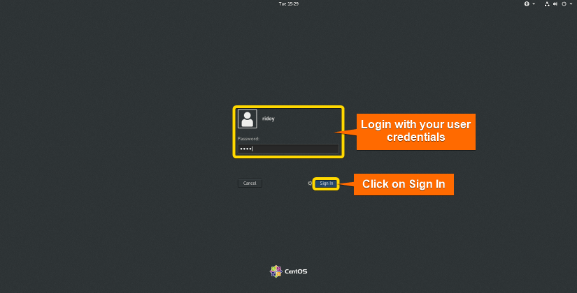 log in with your user credentials on centos