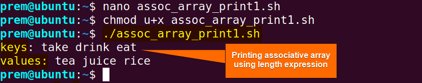 bash print associative array using length expression