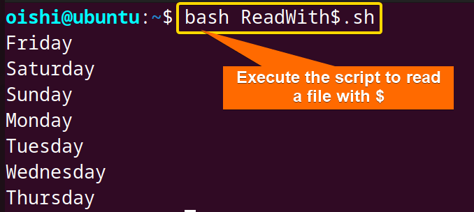 Read file in bash using $