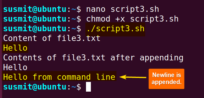 The line ‘Hello from command line’ has been appended to the file1.txt using bash file.