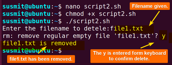 The rm command has interactively removed the “file1.txt” file.