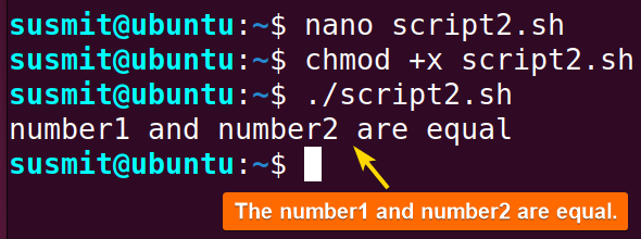 The Bash script has checked the equality of number1 and number2 and found that they are equal.