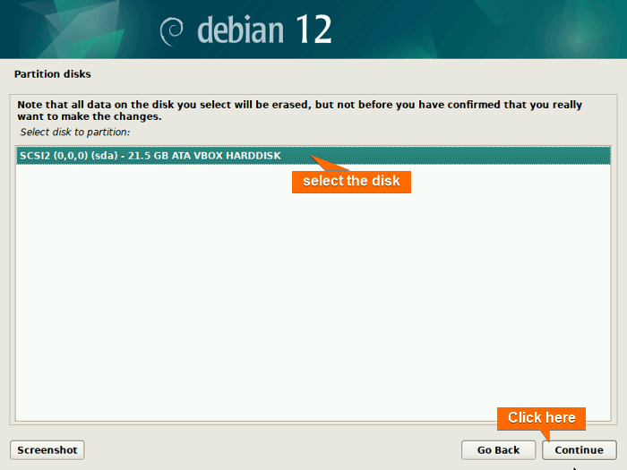 Select the disk to partition