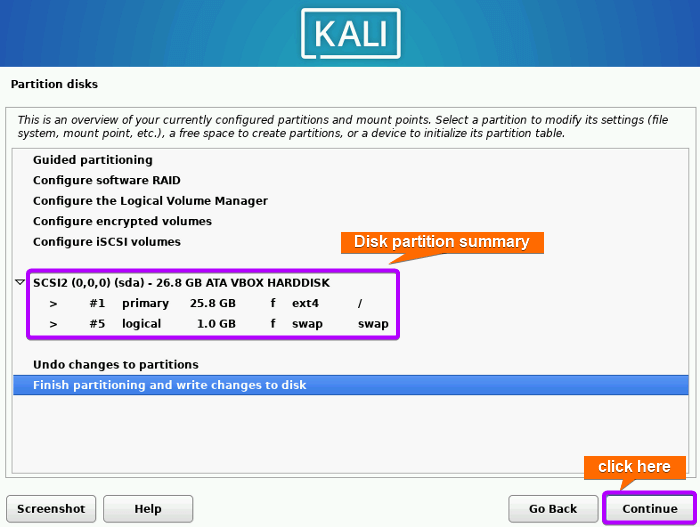  Disk partition summary