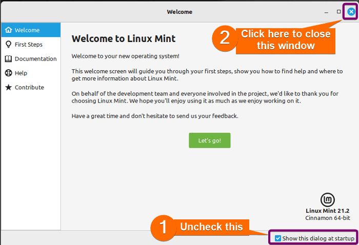 welcome screen of linux mint