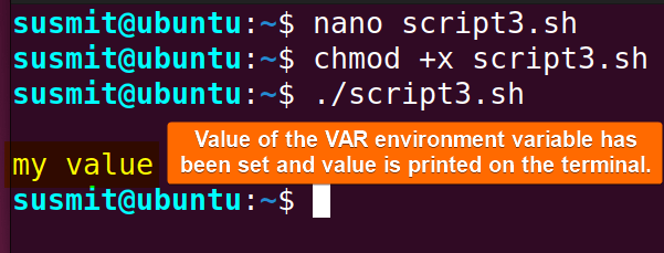 The export command has exported the VAR as environment variable.