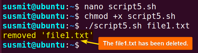 The -v option with the rm command has removed the file1.txt file printing a delete message.