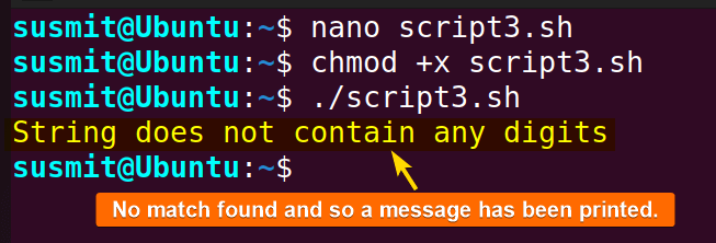 No digit is found inside the string using the regex in if condition.