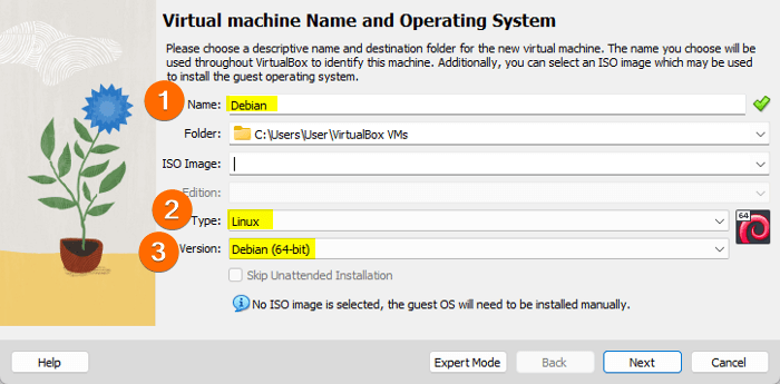 Specify name, type, and version of the VM