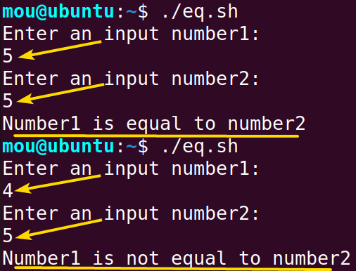 using -eq option to compare numbers in bash