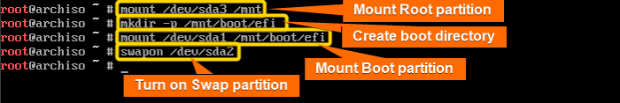 mount root and boot directory and turn on swap partition