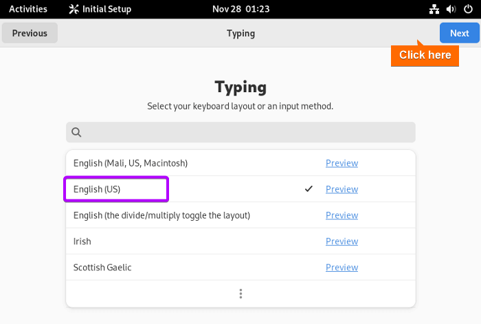 Select keyboard layout or input method