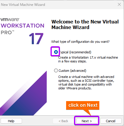 Set 'typical' installation type in the new virtual machine wizard.