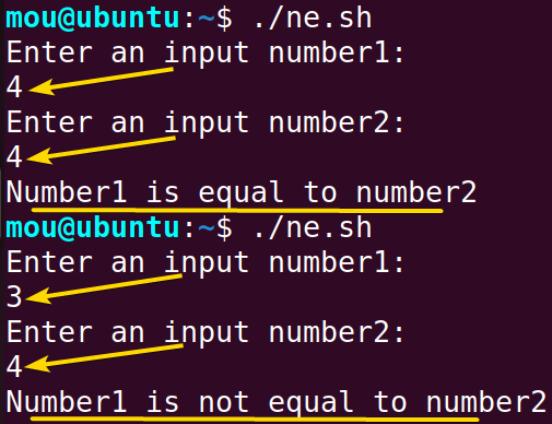 using -ne option to compare numbers in bash