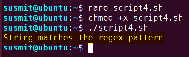 Match found between the pattern saved inside the variable and the main string using regex in if condition.