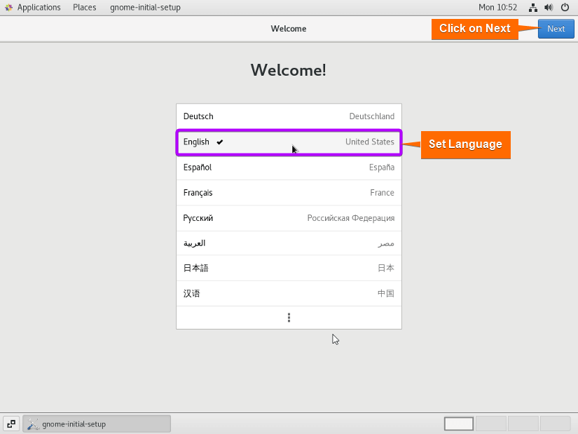 set your language in gnome setup and click on next.