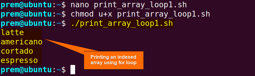 printing bash indexed array using for loop