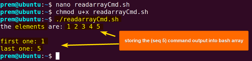 read into array from command output using readarray command