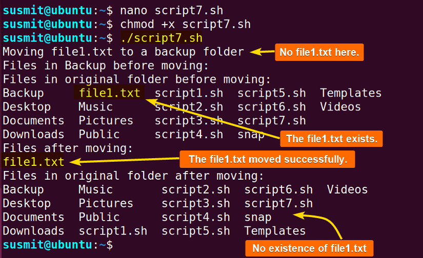 Bash file example to move the file1.txt file to the /home/susmit/Backup directory.