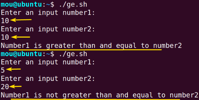 using -ge option to compare numbers in bash