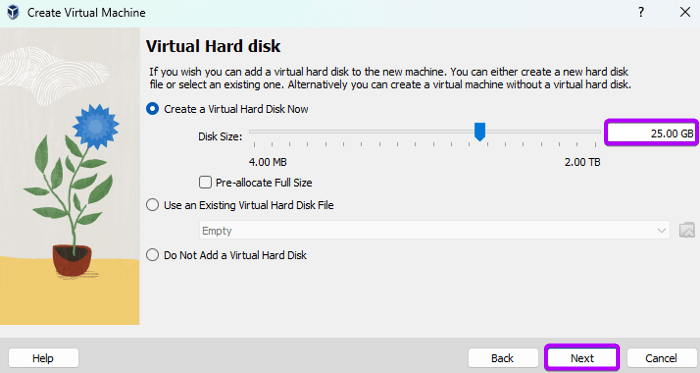 Specify the virtual disk space