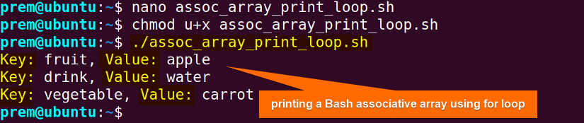 bash associative array print using for loop