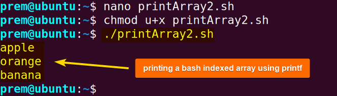 print bash index array using printf command