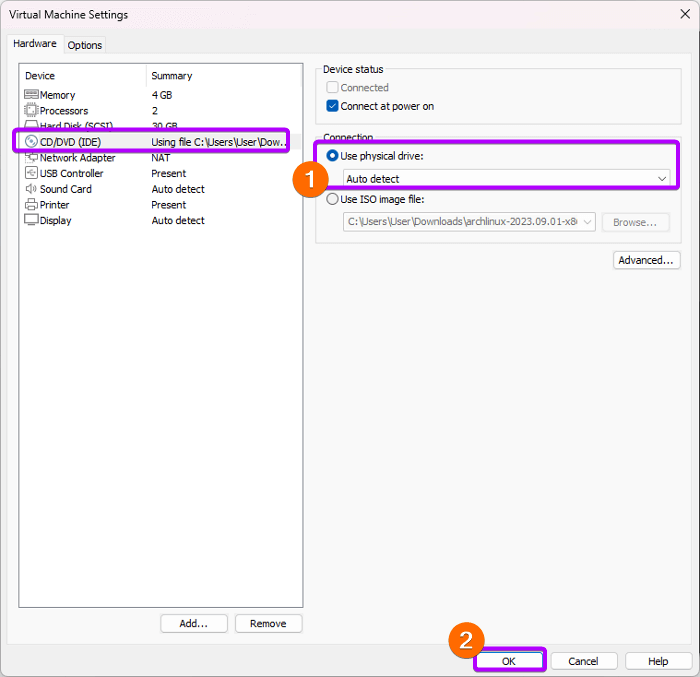 Choose "Use physical drive" to change the connection type.