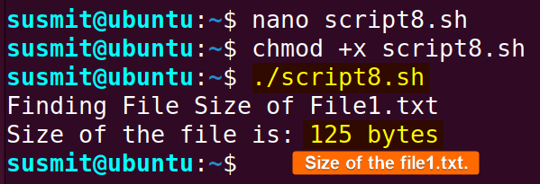 Bash example to find the size of the file1.txt file and print it on the terminal.