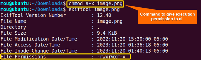 changing permissions of image file with chmod command