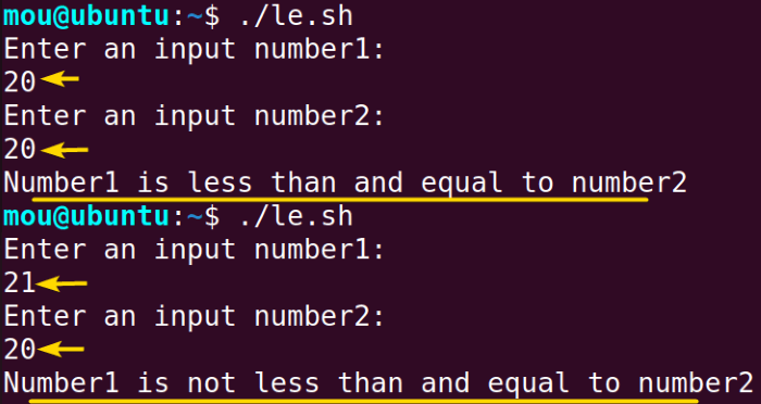 using -le option to compare numbers in bash