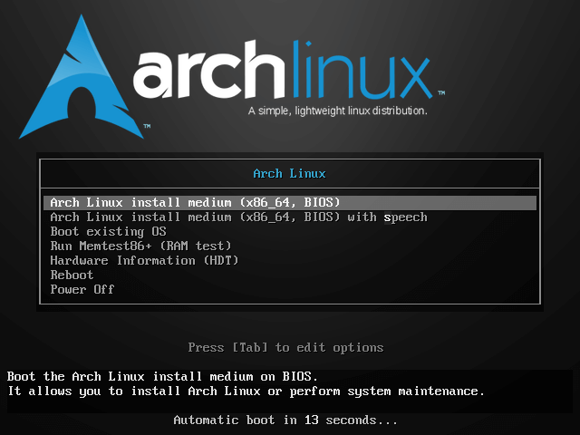 select arch linux install medium
