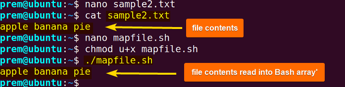 read into array using mapfile command