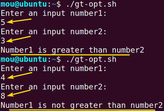 using greater than sign option to compare numbers in bash