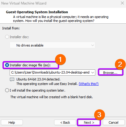 Choose "Installer disc image file (iso)" as guest operating system installation.