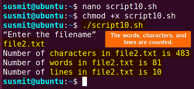 The total characters number, word number, and line number of the file2.txt file has been printed on the terminal.