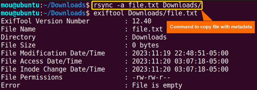 copying files including metadata using rsync command
