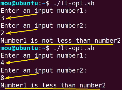 using less than sign option to compare numbers in bash